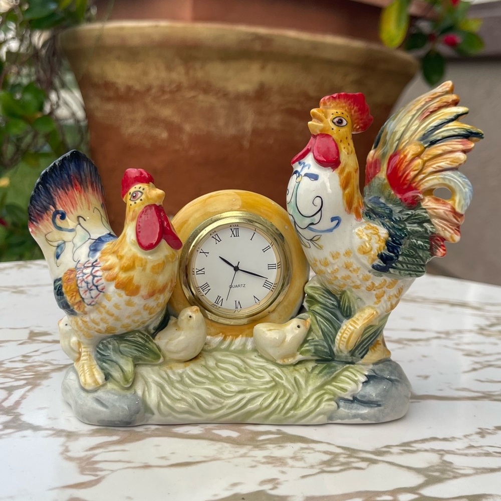 Fitz and Floyd Clock Ricamo Collection Rooster Chicken Quartz Stamped Untested